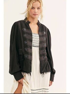 Free People Size Large Ariana Jacket Washed Black Military Jacket Linen Blend